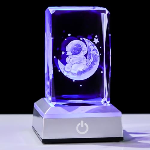 Kertari 3D内彫りクリスタル 宇宙飛行士と月 LEDライト付き 誕生日プレゼント 女性 彼女 癒しグッズ 光る置物 インテリア 記念日 ギフト