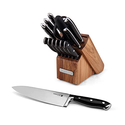 Sabatier 15-Piece Forged Triple Rivet Knife Block Set, High-Carbon Stainless Steel Kitchen Knives, Razor-Sharp Knife Set With Acacia Wood Block, Black Handles #TOP1