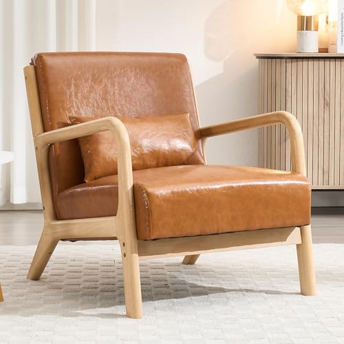 Image of INZOY Mid Century Modern Accent Chair with Wood Frame, Upholstered Living Room Chairs with Waist Cushion, Reading Armchair for Bedroom Sunroom, Light Brown