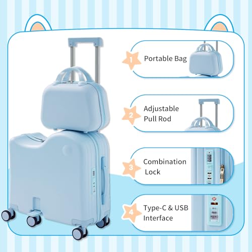 TABU Ride-on Luggage with Portable Bag for Kids，Hardshell Carry On Suitcase with Hidden Cup Holder, Foldable Pedal,Type-C & USB Interface, TSA Lock, 6-Spinner Wheels, Blue4