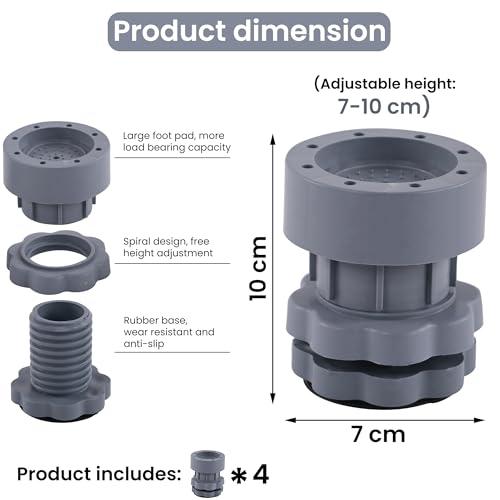 Image of Kuber Industries Plastic Set of 4 Washing Machine Pads Anti Vibration with Suction Cup | Washing Machine Adjustable Height Footpads | Fridge Gripper Legs Anti Slip Refrigerator Rubber Stand | Grey