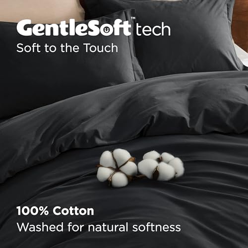 Bedsure 100% Washed Cotton Duvet Cover King Size - Black Minimalist Cotton Duvet Cover Linen Like for All Seasons - GentleSoft™ Plain Simple Bedding (Black, King, 104"x90")