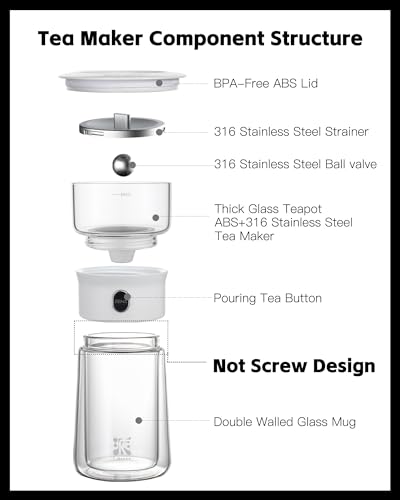 Image of ZENS Modern Tea Pot, Glass Teapot with Infusers for Loose Tea Diffusers with One Touch Pouring, Cool Portable Tea Maker with Insulated Tea Mug and Travel Tea Kits for Tea Lover Gifts