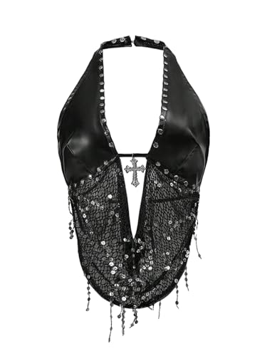 SOLY HUX Women's Gothic Grunge PU Leather Sparkly Halter Crop Top Y2k Deep V Neck Vest Rave Outfits