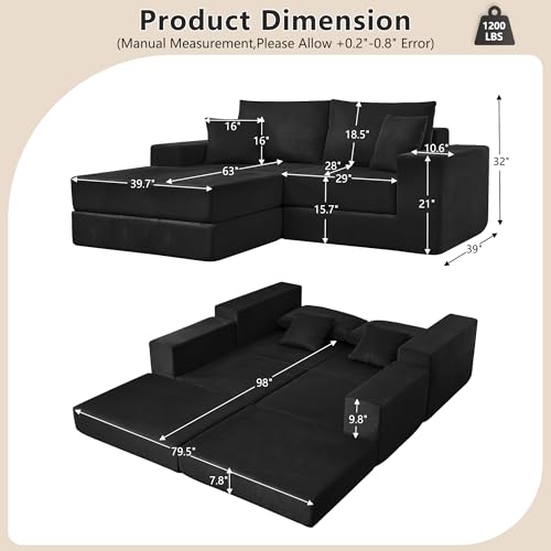 Image of Modular Boneless Floor Couch, Modern Cozy Corduroy Cloud Loveseat Couch with Ottoman, Memory Foam, Convertible Sleeper Sofa Bed for Living Room, Small Spaces, Assembly Free, Black