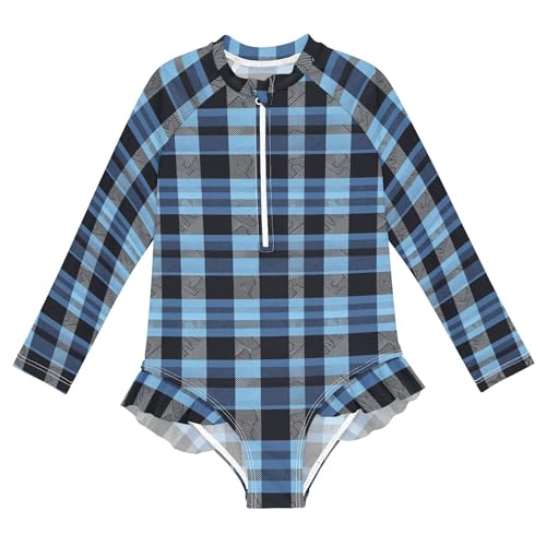 Blue Buffalo Check Plaid Girls Long Sleeve Rashguard Swimsuit UV Protection One-Piece Swimwear B0403952