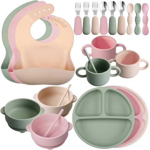 Image of Yinder 24 Pack Silicone Baby Feeding Set Baby LED Weaning Supplies Includes Suction Divided Plates Soft Bowl Spoons Forks Adjustable Bib Snack Cup and Straws(Dark Green, Beige, Light Pink)