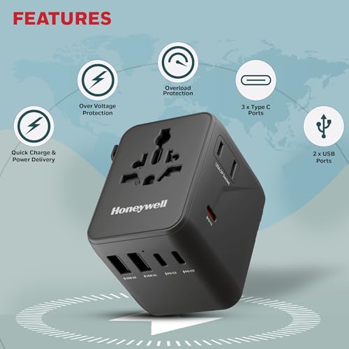 Image of Honeywell Universal Travel Adapter 70W, 7 in 1 Fast Charging, QC3.0 /PD, Universal & US Socket, 3 Type C, 2 USB A, Overload & overvoltage Protection, International Adapter for EU, US, UK & CN /AUS