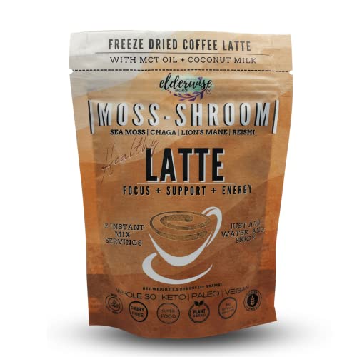 Elderwise Organics Coffee - Latte - Lion's Mane, Chaga, Reishi, Cordyceps, MCT Oil, Coconut Cream & Sea Moss - 12 Servings - Freeze Dried Instant Coffee - Chemical free - Fair Trade