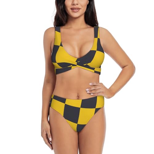 HTRWEDG Yellow Black Square Lattice Bikini Sets Women Two Piece Bikini Swimsuit
