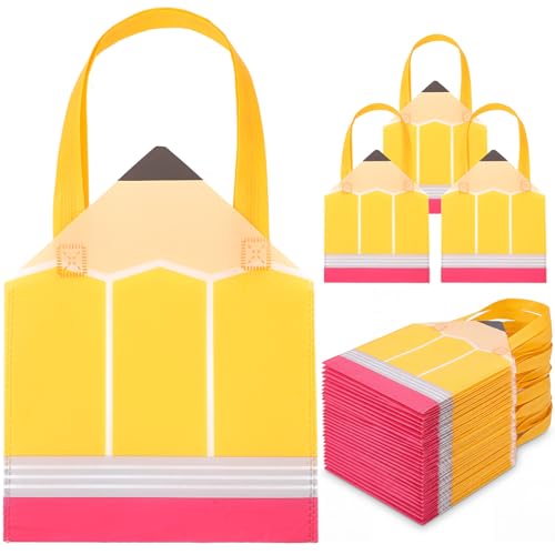 Xuniea 36pcs Teacher Appreciation Gift Bags Pencil Shaped Non Woven Gift Handbags End of Year Party Favor Bags 7.9 x 8.5 Inches Graduation Goody Candy Handbags Reusable Party Supplies