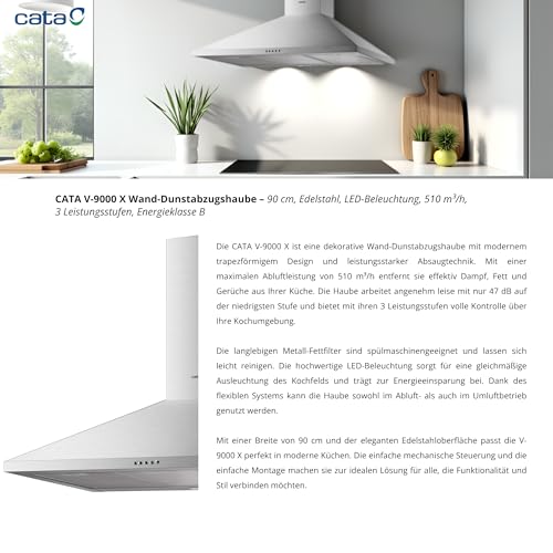 Cata | Campana Decorativa de Pared | Modelo V 9000 X | Campana Extractora | 3 Niveles de Extracción | Clase de Eficiencia Energética B | Acabado en Acero Inoxidable. - imagen 7