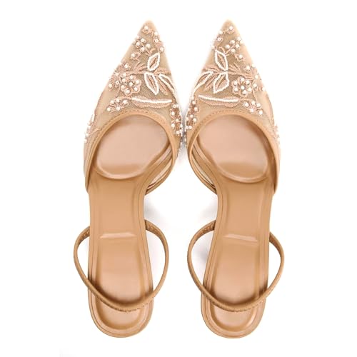 JORISTIMO Mesh Slingback Embroidered Kitten Heels for Women Pointed Closed Toe Pearl Heelsandles Pumps Wedding Party Dress Pumps Shoes 5