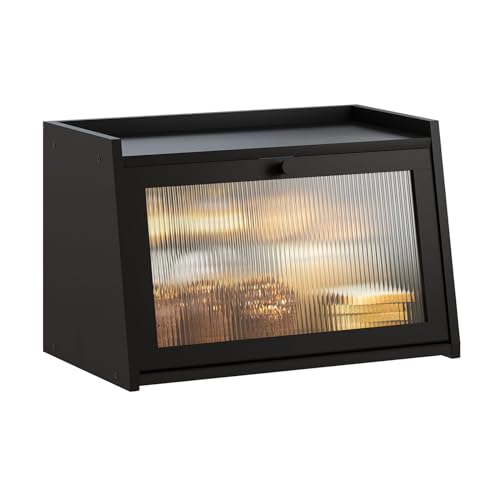 GHWIE Large Bread Box, Easy Access & Cleaning - Bamboo Bread Box for Kitchen Countertop with Acrylic Door (Black, Medium)
