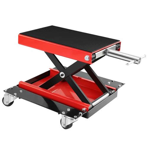 Motorcycle Scissor Lift Jack, Scissor Jack with Dolly & Hand Crank, 1100 LBS Capacity Motor-Cycle Lift for ATVs, Dirt Bikes Wide Deck with Dolly Red
