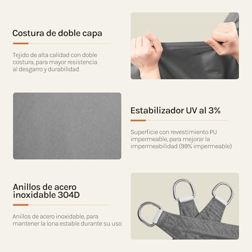 Miniatura 4 de Woltu Toldo Vela Impermeable Cuadrado 4x4 M Poliéster Protección Rayos Uv Intemperie Para Patio Exteriores Jardín Color Arena Gris
