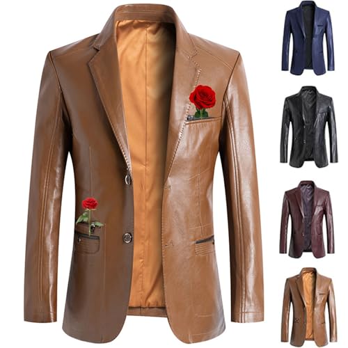 Blazer en cuir pour homme – Manteau de motard classique à revers cranté en similicuir avec poches, coupe ajustée, pour les affaires et les loisirs,...