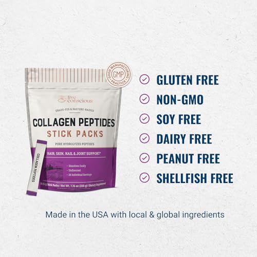 Image of Live Conscious Collagen Peptides Powder Unflavored Packets - Hydrolyzed Collagen Powder - Hair, Skin, Nail, & Joint Support - Type I & III Grass-Fed Collagen Supplements for Women and Men - Pack of 20