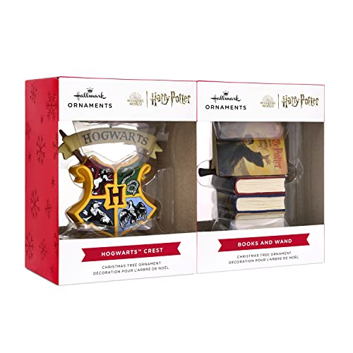 Hallmark-Harry-Potter-Hogwarts-Crest-and-Stacked-Books-with-Wand-Christmas-Ornaments-Set-of-2-0003HCM1141 Hallmark Harry Potter Hogwarts Crest and Stacked Books with Wand Christmas Ornaments Set of 2 0003HCM1141