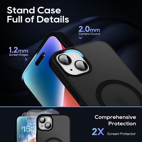 Coque iPhone 15 Case compatible Magsafe protection verre trempé béquille robuste noir
