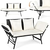 Gartenbank Polyrattan mit Liegefunktion 3 in 1, Wetterfest Gartensofa mit Verstellbaren Armlehnen, 2-Sitzer Outdoor Sofa für Garten,Balkon & Terrasse, Balkon Sofa inkl. Kissen und Sitzpolster, Beige