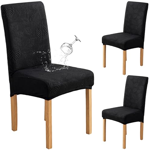 Image of Genina Waterproof Dining Chair Cover Set of 2,Kitchen Chair Cover,Black | Stretch Dining Room Chair Slipcovers with Leaf Jacquard,Removable Kitchen Chair Protector for Home,Restaurant,Banquet