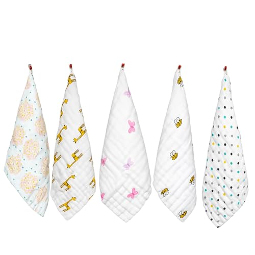 Image of Muslin Washcloths - 6 Layers Natural Cotton Baby Face Towel Soft & Breathable Reusable Wipes - Shower Gift for Registry - 11.5x11.5 Inch - Set of 5