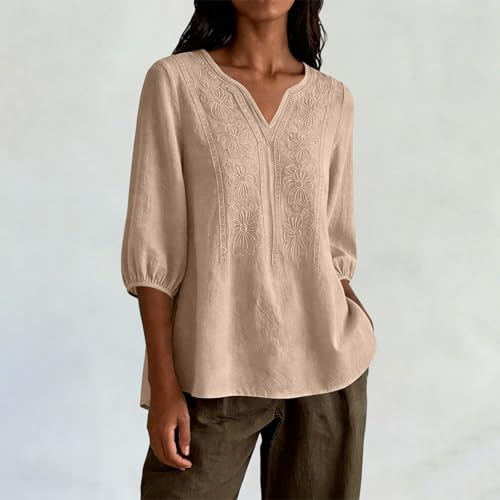 Boho Tops for Women Dressy 3/4 Sleeve Shirts Casual Loose V-Neck Low Hem Linen Embroidered Blouse Boho Blouses for Women Khaki S - image 7