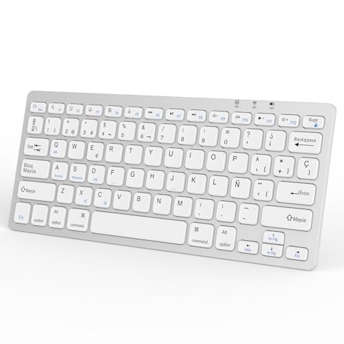 Teclado Bluetooth Español, Light Teclado Inalámbrico Portátil para iPhone de iOS, iPad, Samsung, Lenovo, Huawei, Android, Windows, Compatible, Estilizado y Portátil, Easy-Switch, Blanco Plateado