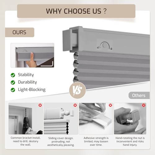 Grandekor No Tools No Drill Cordless Cellular Shades,33" W x 64" H,Blackout Honeycomb Blinds for Indoor Windows,UV Protection Privacy No Drill Blinds for Home,Door,Gray by Grandekor - Image 5