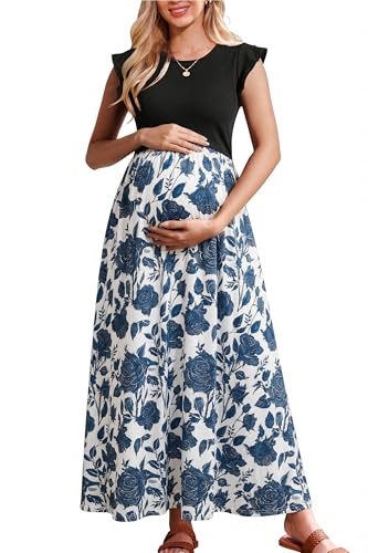 Image of OUGES Women's Maternity Dress Summer Ruffle Sleeve Patchwork Casual Flowy Maxi Dresses with Pockets