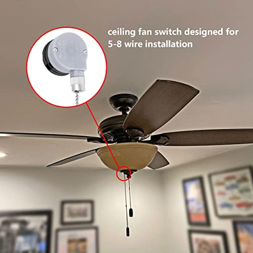 Image of Ceiling Fan Switch ZE-208D, 3 Speed 5-8 Wire Ceiling Fan Replacement Parts Appliances Fan Speed Control Pull Chain Switch (Nickel Chain)