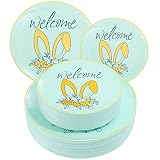 COLOSUS 60pcs Disposable Easter Bunny Plastic Plates. Mint Green Plastic Plates, Gold Bunny Dinner &