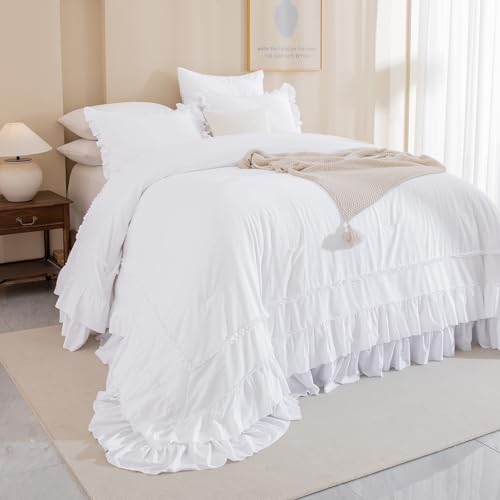 Image of QSH 3PCs Bright White Ruffled Oversized King Comforter 120x120,Shabby Boho Chic Farmhouse Ruffle Bed Comforter Set California King Comforter Ultra Soft Microfiber Lightweight Fluffy Bedding