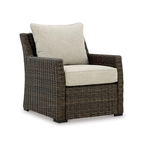 Image of Signature Design by Ashley Brook Ranch Casual Nuvella Weather Resistant Fabric Outdoor Lounge Chair with Cushion, Dark Brown & Beige