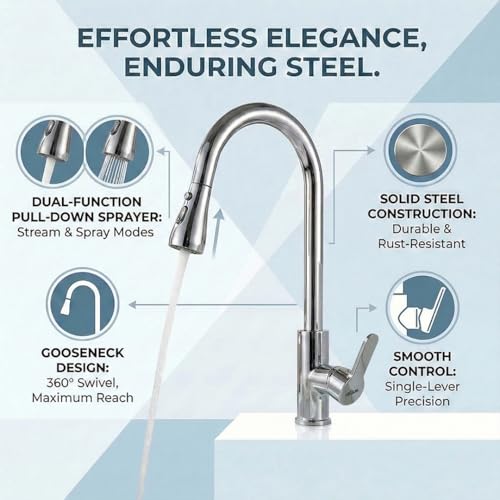 Image of ARQUIN Pull Down Kitchen Faucet 304 SS Kitchen Sink Tap Faucet- Hot and Cold with 360 Swivel Mechanical Docking Deck Mounted Waterfall Kitchen Faucet Dual Spray Modes,Black