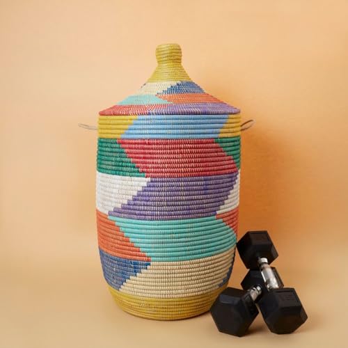 Decorative Colorful Wicker Baskets with Lids, Handwoven in Senegal (Large)