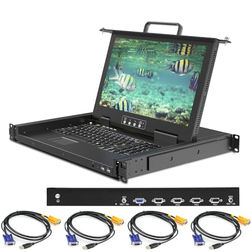 4 Port Rack Mount KVM Console with 15.6'' 1080P Monitor, 1U VGA KVM Switch Drawer for 24-Inch Deep Network Cabinet,OSD Hotkey Button Switching,Compatible with Windows,Linux,Mac,Sun,etc,Cables Included