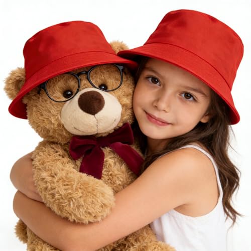 EUPSIIU Fischerhut für Kinder, Baumwolle, UV-Schutz, verstaubar, wendbar, Sonnenhut, Strandhut, für Jungen und Mädchen, Outdoor-Reisen und Spielen, Fußball, Partys, Weltbuchtag, Rot, 2 Stück, rot