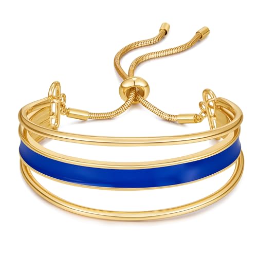 Image of WOWORAMA Multi-Layer Adjustable Slider Bracelets for Women Blue Layered Bangle Bracelets Stackable Friendship Bracelet Gold Curved Bar Bolo Bracelet