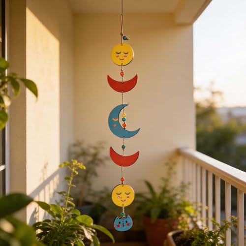 Image of Aakriti Art Creations Celestial Kitty Wind Chime Multicolor | Handmade Wooden & Metal Windchimes for Home | Decorative Wind Chimes for Balcony, Garden, Living Room | Feng Shui Wind Chime Decor