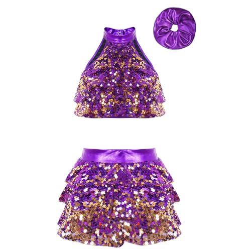 JanJean Kids Girls Sparkle Metallic Crop Top with Skirted Hair Band for Hip Hop Jazz Street Dance Competition Purple 9-10 Years
