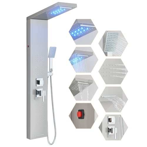 Contemporary Shower Panel Wall Mounted Shower Tower with LED Shower Head Large...