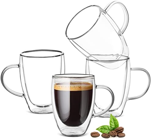 Ulrikco 12oz Double Walled Glass Coffee Mugs with Handle, Clear Cappuccino Glass Mug Set of 4, Insulated Drinking Glass Coffee Cups and Tea Cups, Espresso Mug Cups, Heat Resistant Dishwasher Safe