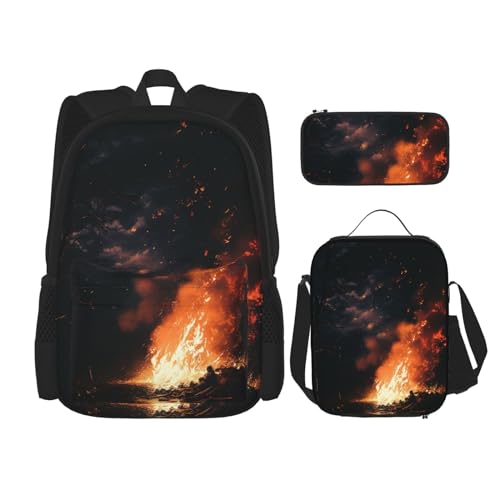 Sac à dos décontracté noir motif feu ciel nocturne avec boîte déjeuner homme femme OUSIKA