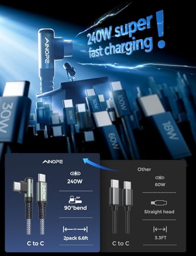 Image of AINOPE 240W USB C to USB C Cable (6.6ft 2Pack Chubby USB C) USB C to USB C Fast Charging Cable, Right Angle USB C Charger Cable for iPhone16 Charger Cord, MacBook Pro, iPad, Samsung Galaxy S25