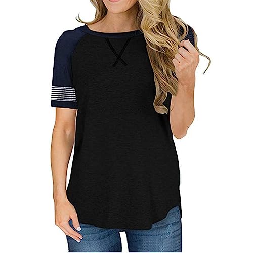 Camiseta de manga corta para mujer, monocolor, informal, cuello redondo, suelta, manga corta, camiseta de verano, camiseta de manga corta, rayas, monocolor, cuello redondo, monocolor, camiseta básica