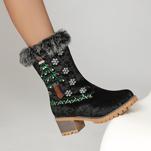 Sweet Womens Bowknot Furry Christmas Ankle Boots Chunky Heel Snow Boots2