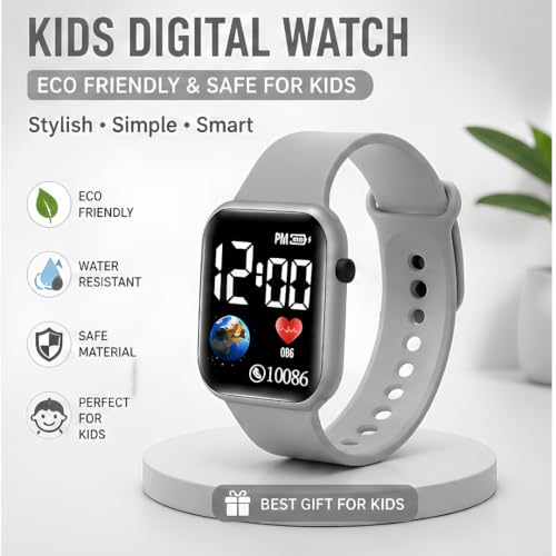 Image of XENTON Kids Digital Watch for Boys & Girls | LED Display Wrist Watch | One Touch Time & Date Display | Adjustable Strap | Lightweight Casual Watch for Kids Boys (Gray)