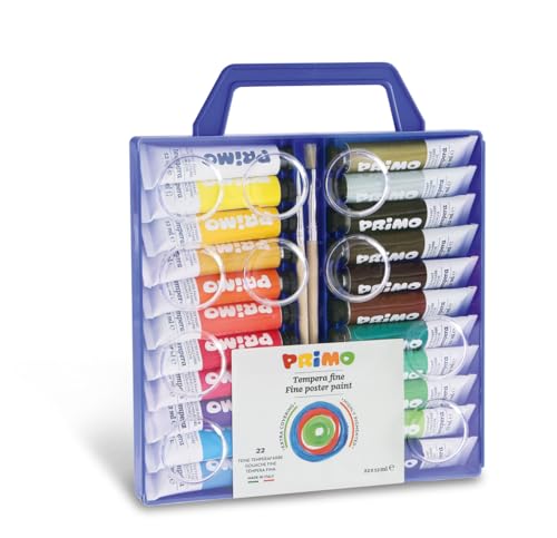 PRIMO - Maletín de Colores para Niños +3 Años con Témperas, 22 Tubos de 12 ml + 2 Pinceles para Pintar, Paleta de Colores a Témpera Fina para Pintura en Tela Papel Vidrio y Manualidades para Niños